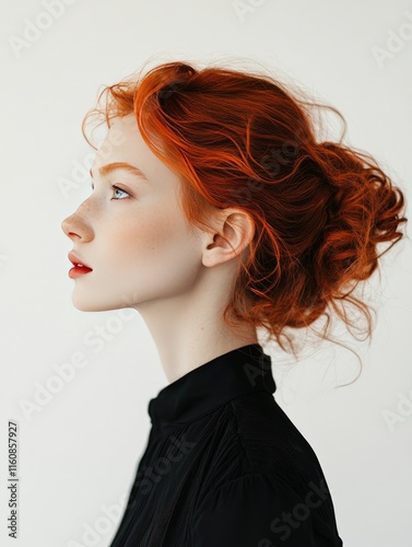 Side profile portrait of a young woman with vibrant red hair styled gracefully, wearing a stylish black outfit, emanating elegance and introspection. Perfect for themes of fashion and beauty.
