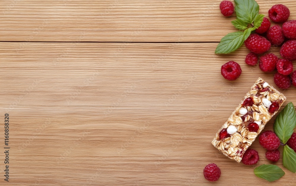 Decadent cranberry and almond granola bar on rustic wooden backdrop with scattered raspberries and vibrant colors for a healthy snack concept Decadent cranberry and almond granola bar on rustic wooden backdrop with scattered raspberries and vibrant colors for a healthy snack concept