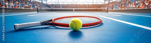 Summer Sports Tournament. Tennis racket and ball on a blue court with an audience in the background.