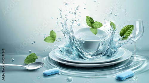 Dishwasher detergent cool mint tablets, dish in swirl water splash and drops with mint leaves. Ad promo poster with clean plates, spoon and wineglass with blue tabs in splash, realistic vector photo