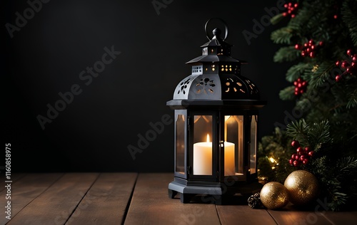 Ornate Black Lantern with Candlelight, Festive Christmas Decor