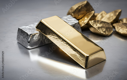 Precious Metal Ingots: A Gleaming Gold Bar and Silver, Textured Still Life