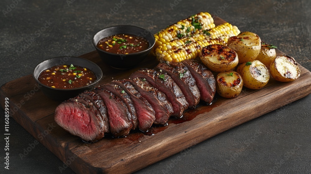 Delicious Grilled Steak with Seasonal Vegetables and Sauces