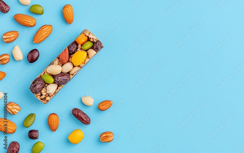 Almond and fruit studded granola bar on a vibrant blue background with scattered ingredients, emphasizing a creative and nutritious snack design Almond and fruit studded granola bar on a vibrant blue background with scattered ingredients, emphasizing a creative and nutritious snack design