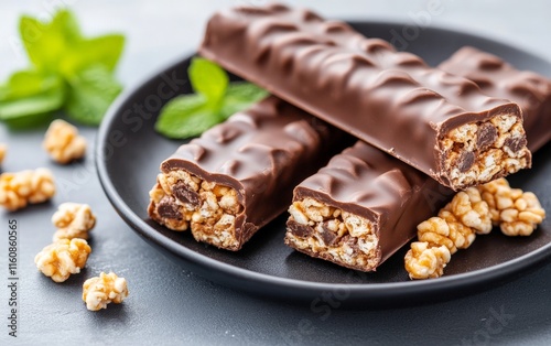 Chocolate dipped granola bars arranged on a black plate, with scattered nuts and mint leaves for an elegant yet health conscious snack display
