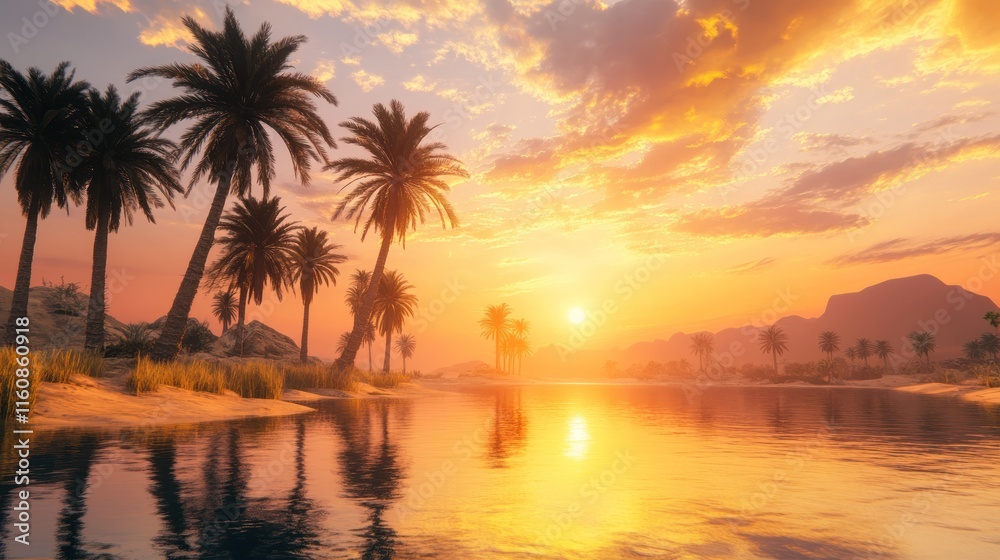 Obraz premium Serene sunset over tranquil oasis with palm trees.