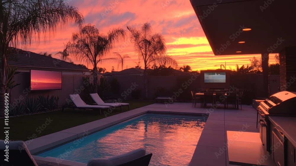Obraz premium Sunset view over modern backyard pool, patio furniture, and outdoor kitchen.