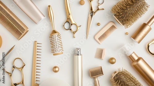 Gold hair salon tools and products arranged on white background.