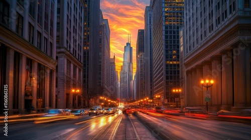 Stunning Sunset Over Skyscrapers and Busy City Streets at Dusk