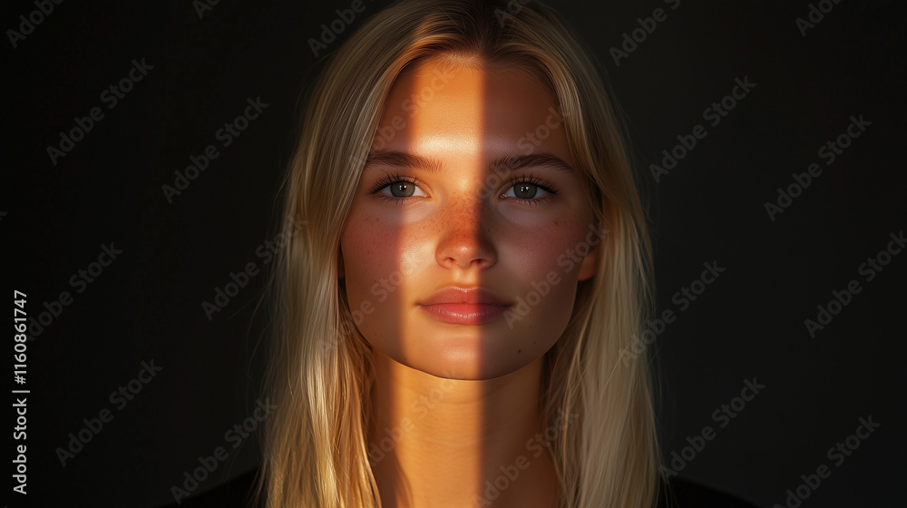 Fototapeta premium A blonde-haired girl with freckles on her face, illuminated by contrasting light dividing her face into bright and dark parts, set against a dark background