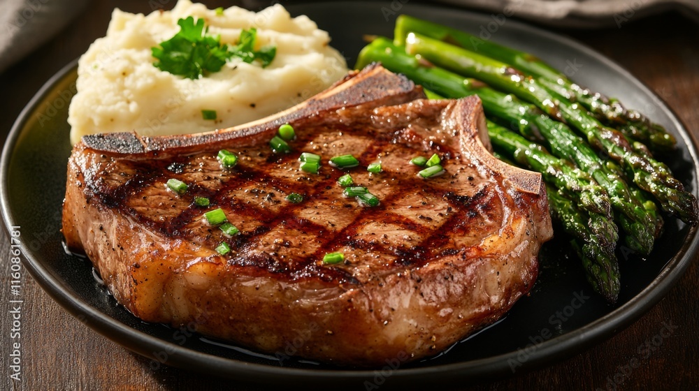 Delicious Grilled Steak with Mashed Potatoes and Asparagus Garnish Delicious Grilled Steak with Mashed Potatoes and Asparagus Garnish