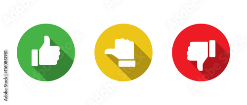 Like, neutral, and dislike hand icon with long shadow