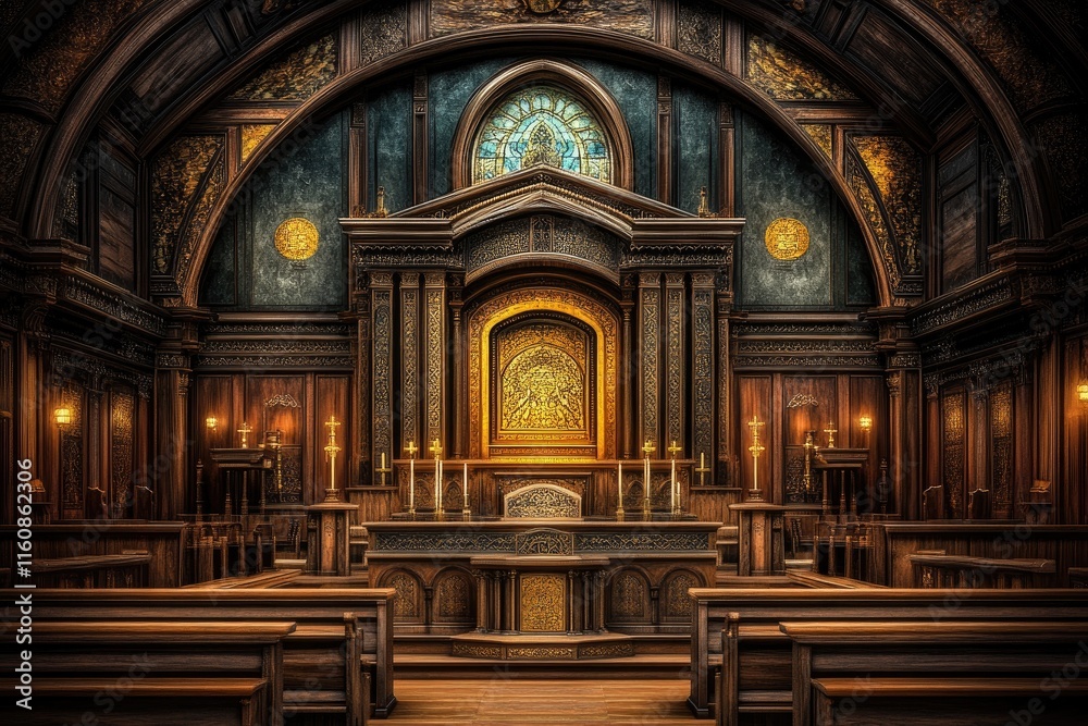 Obraz premium A grand interior of a wooden church, featuring an altar and stained glass windows.