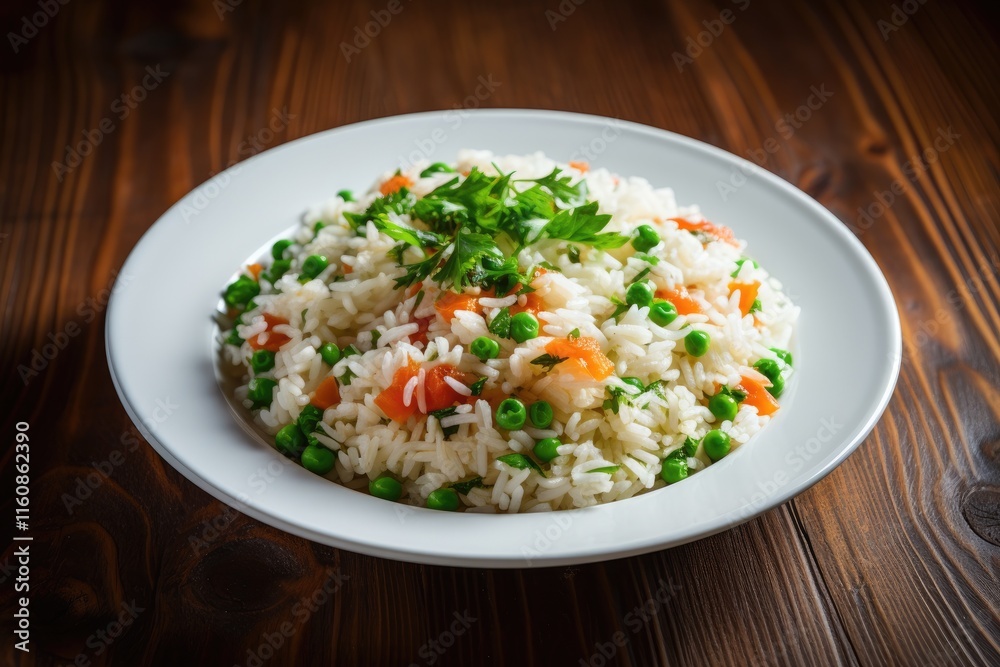 Delicious and nutritious rice dish with vegetables on white plate Focus on top view Delicious and nutritious rice dish with vegetables on white plate Focus on top view