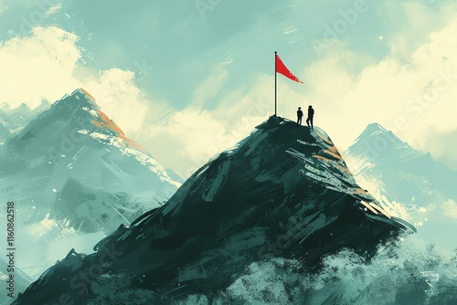 Couple reaching summit, red flag. photo