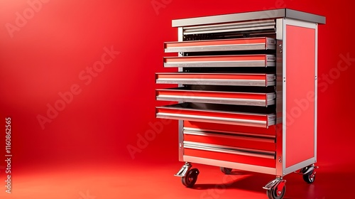 Red Rolling Tool Cabinet With Multiple Drawers Open photo