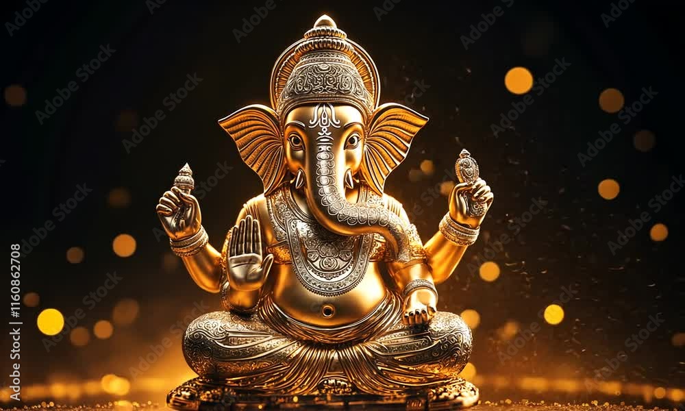 Golden idol of Lord Ganesha on a dark background
