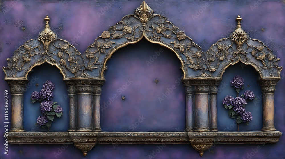 Obraz premium Ornate Archway with Purple Hydrangeas and Golden Accents