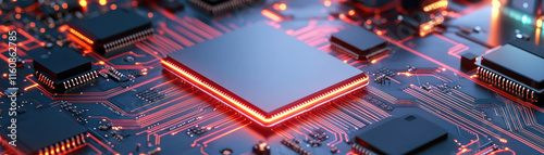 High tech circuit board with glowing processors and intricate design