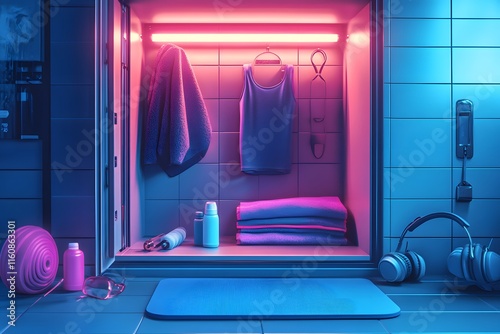 An open exercise locker reveals colorful gear: a yoga mat, protein shaker, headphones, and a folded tank top. The worn interior and bright lighting add realism, ideal for fitness ads or articles. photo