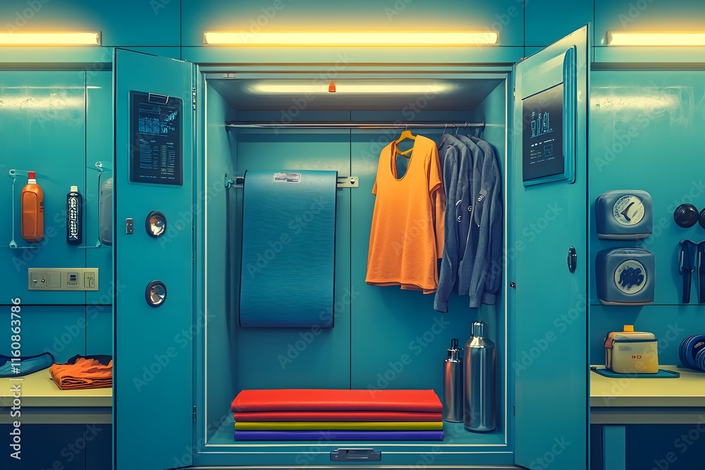 An open exercise locker reveals colorful gear: a yoga mat, protein shaker, headphones, and a folded tank top. The worn interior and bright lighting add realism, ideal for fitness ads or articles. An open exercise locker reveals colorful gear: a yoga mat, protein shaker, headphones, and a folded tank top. The worn interior and bright lighting add realism, ideal for fitness ads or articles.