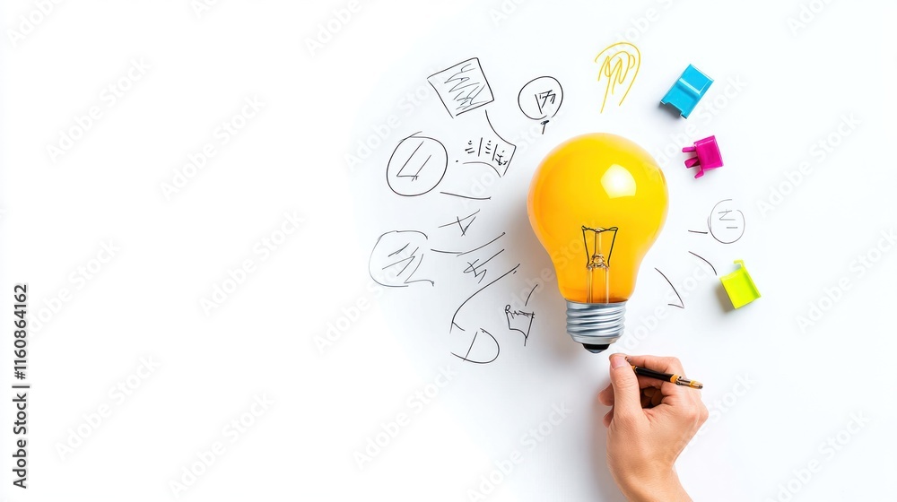 A hand drawing ideas around a light bulb concept. A hand drawing ideas around a light bulb concept.