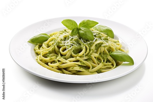 Delicious pesto pasta on a white plate
