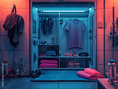 An open exercise locker reveals colorful gear: a yoga mat, protein shaker, headphones, and a folded tank top. The worn interior and bright lighting add realism, ideal for fitness ads or articles. photo