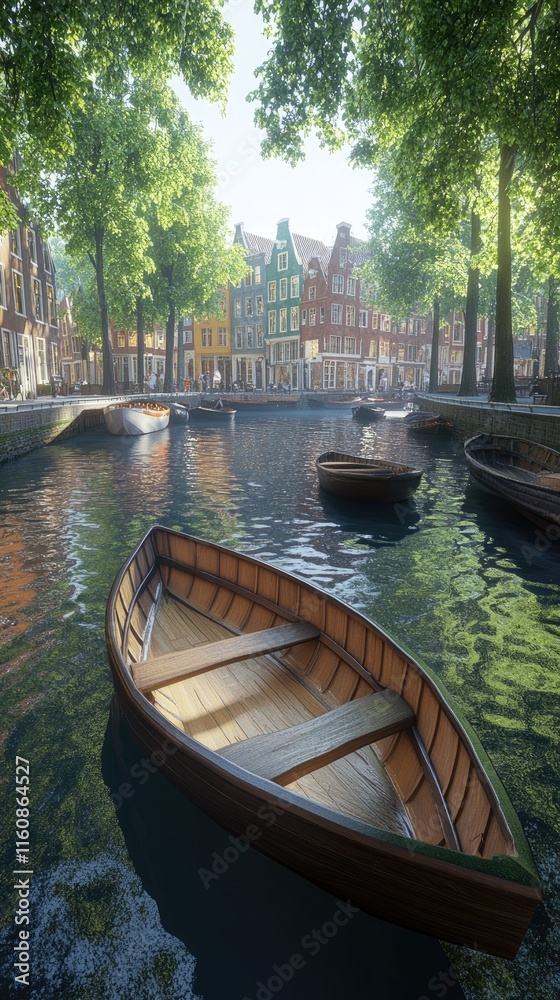 A serene canal scene with wooden boats and vibrant buildings under lush trees. A serene canal scene with wooden boats and vibrant buildings under lush trees.