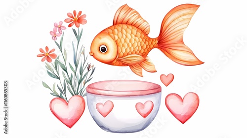 Watercolor pet valentine. Goldfish swimming near a bowl decorated with flowers and hearts. photo