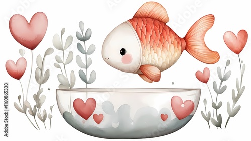 Watercolor pet valentine. A cute goldfish swims happily among hearts and plants in a whimsical illustration. photo