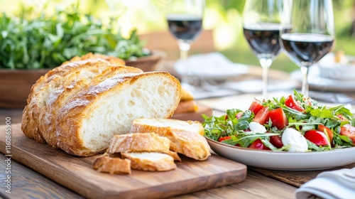 Freshly baked artisan bread served with a garden salad, cheese, and wine glasses, creating a rustic dining scene in natural outdoor light photo