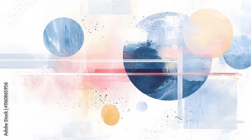 Abstract composition featuring soft circular shapes and textured brush strokes in a serene color palette of blue, orange, and light red, ideal for modern design elements.