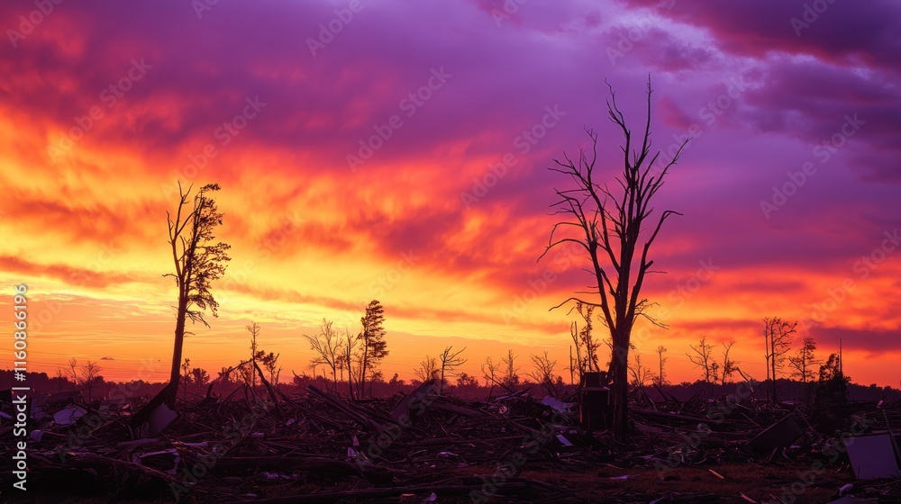 Fototapeta premium Fiery sunset over tornado-ravaged landscape.