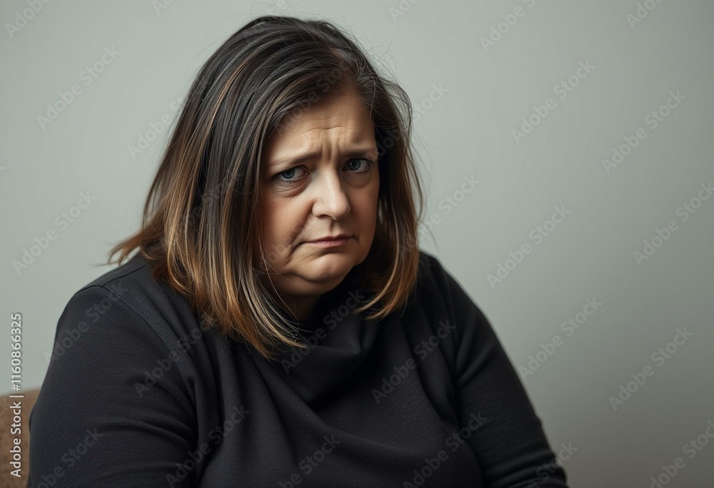 Overweight female with a melancholic expression and sorrowful eyes Overweight female with a melancholic expression and sorrowful eyes