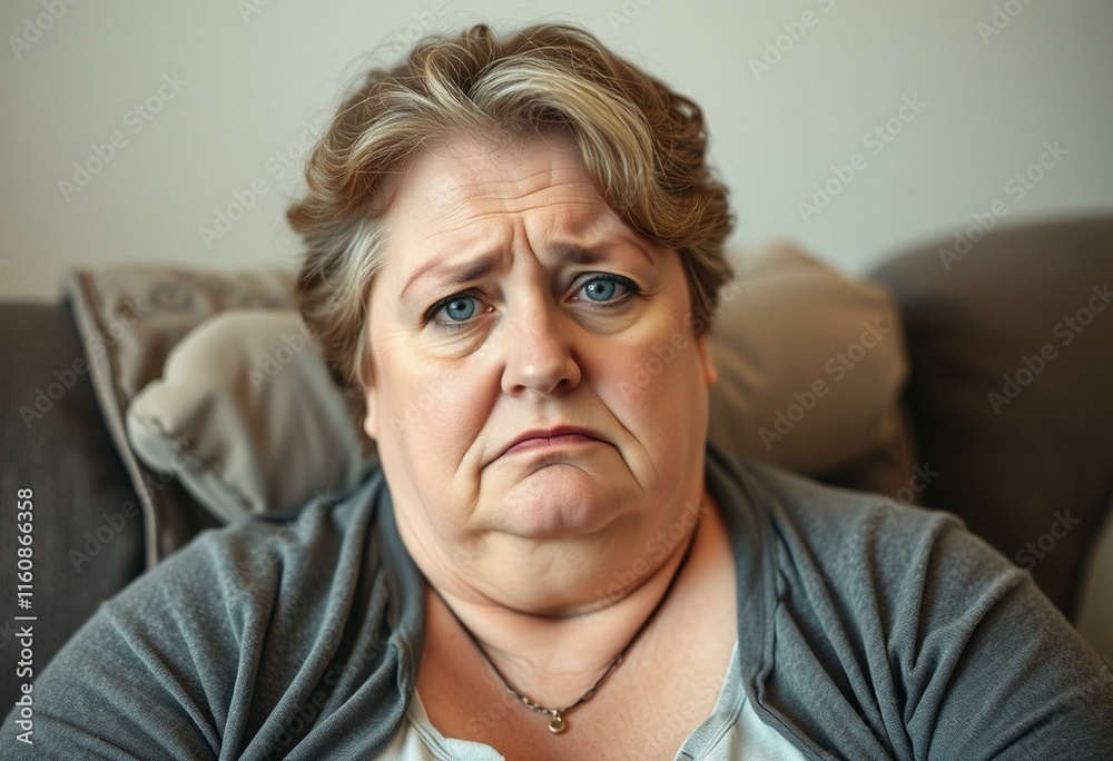 A woman with a sad expression sitting on a couch A woman with a sad expression sitting on a couch
