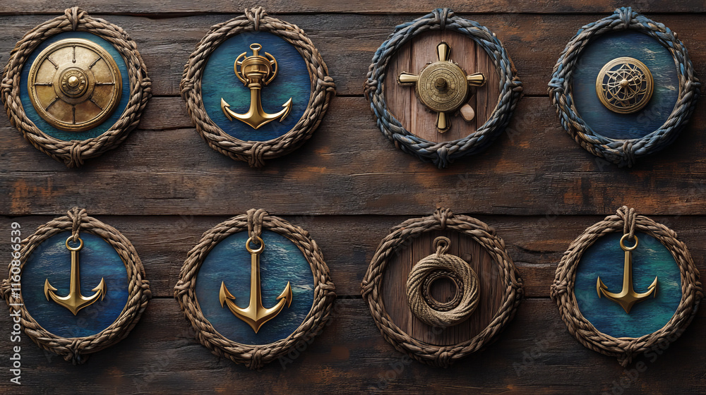 Set of nautical or marine themed icons and frames including ships anchors and wheels and circular rope frames and shields Set of nautical or marine themed icons and frames including ships anchors and wheels and circular rope frames and shields