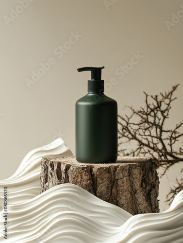 A mock up bottle of shampoo with an amber color and black pump head is placed on top of desert rocks, with a clear sky in the background. The product has no label or logo.