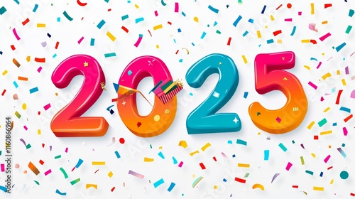 Happy New Year 2025. Modern colorful lettering design. Bright color numbers on white background.