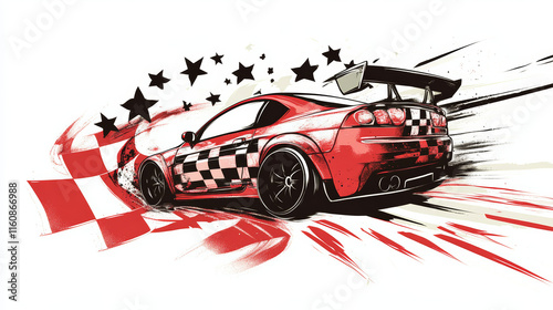 Red race sport car stripe stickers and racing line decals, vector speed auto art. Car race decals stickers with checkered flag for rally ride, drag racing and drift with arrow and stars photo