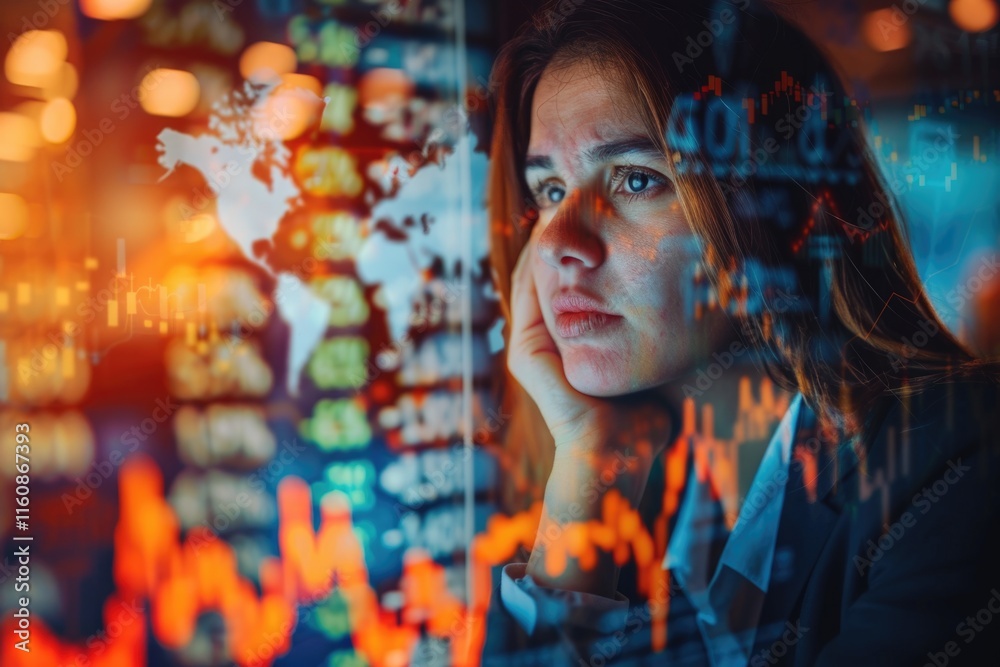 Stressed businesswoman in office with world map and graphs. Stressed businesswoman in office with world map and graphs.