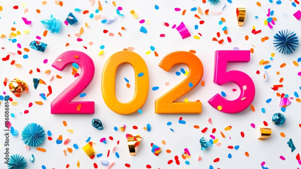 Fototapeta premium Happy New Year 2025. Modern colorful lettering design. Bright color numbers on white background.