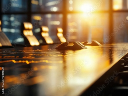 Wallpaper Mural A sleek conference room table with modern chairs, illuminated by warm sunlight streaming through large windows. Torontodigital.ca