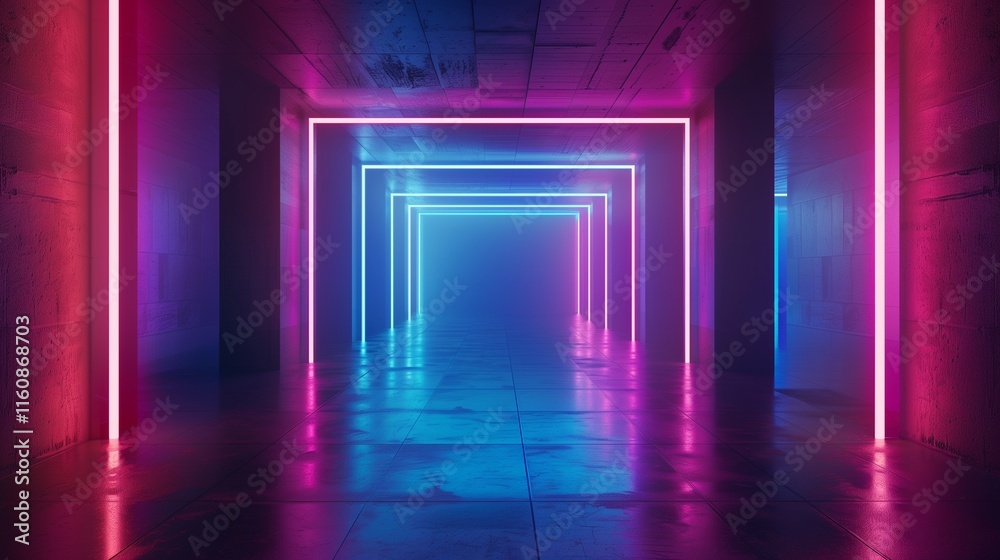 Neon-lit metaverse room, abstract technology design, empty space for product presentation. Neon-lit metaverse room, abstract technology design, empty space for product presentation.