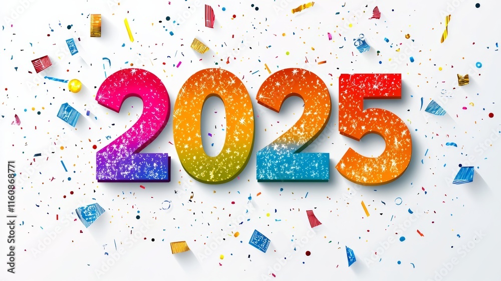 Fototapeta premium Happy New Year 2025. Modern colorful lettering design. Bright color numbers on white background.