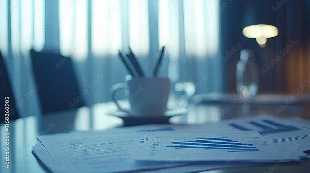 Close-Up of Office Workspace with Papers, Coffee Cup, and Pens on a Desk, Reflecting Professional Atmosphere in Modern Business Environment Close-Up of Office Workspace with Papers, Coffee Cup, and Pens on a Desk, Reflecting Professional Atmosphere in Modern Business Environment