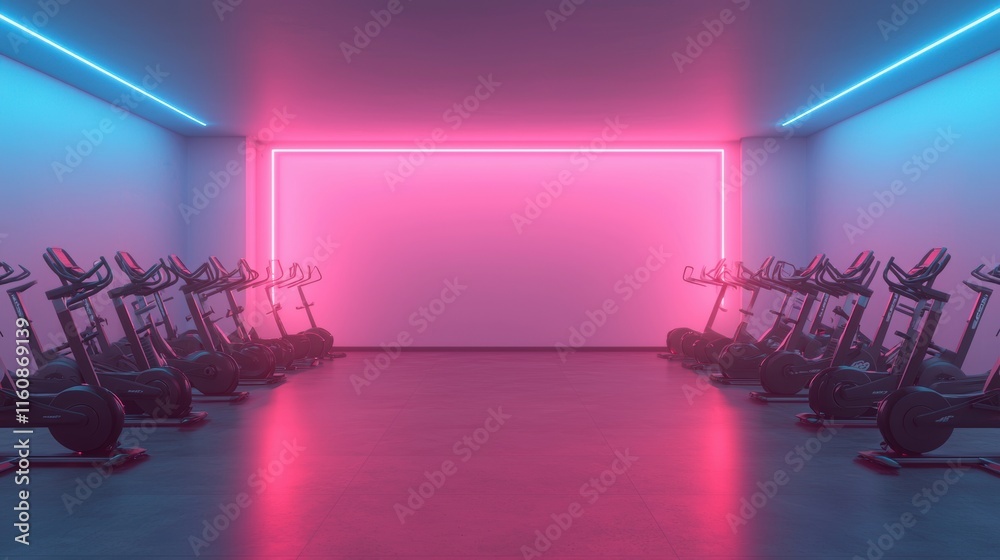 Obraz premium Futuristic Gym Interior with Neon Lights and Exercise Bikes
