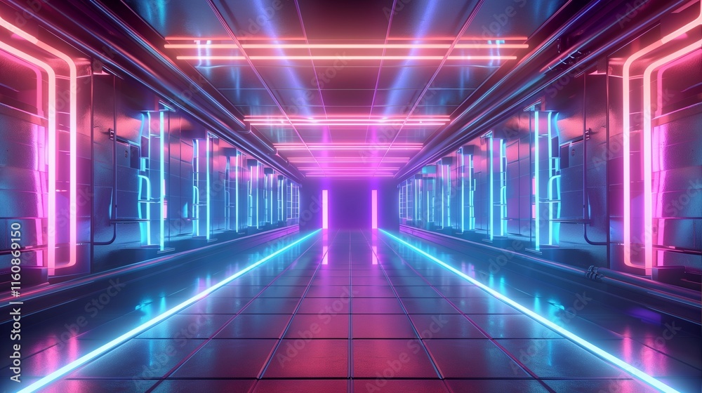 Neon-lit metaverse room, futuristic 3D tech background, empty for product presentation. Neon-lit metaverse room, futuristic 3D tech background, empty for product presentation.