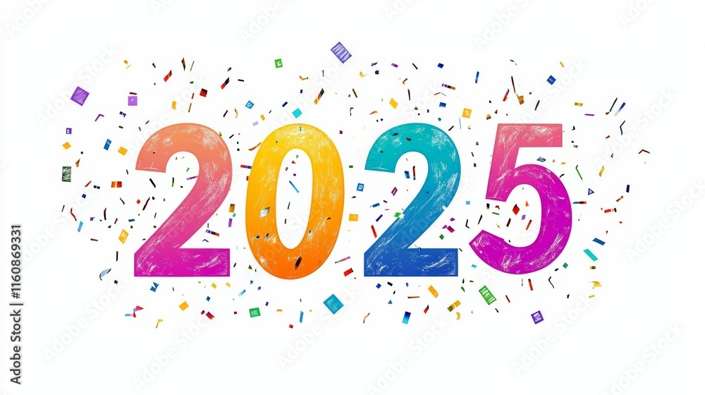 Happy New Year 2025. Modern colorful lettering design. Bright color numbers on white background. Happy New Year 2025. Modern colorful lettering design. Bright color numbers on white background.