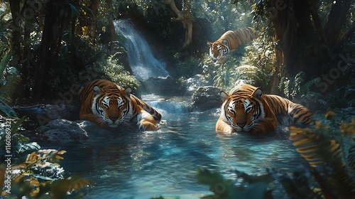 Majestic Tigers in Lush Tropical Paradise